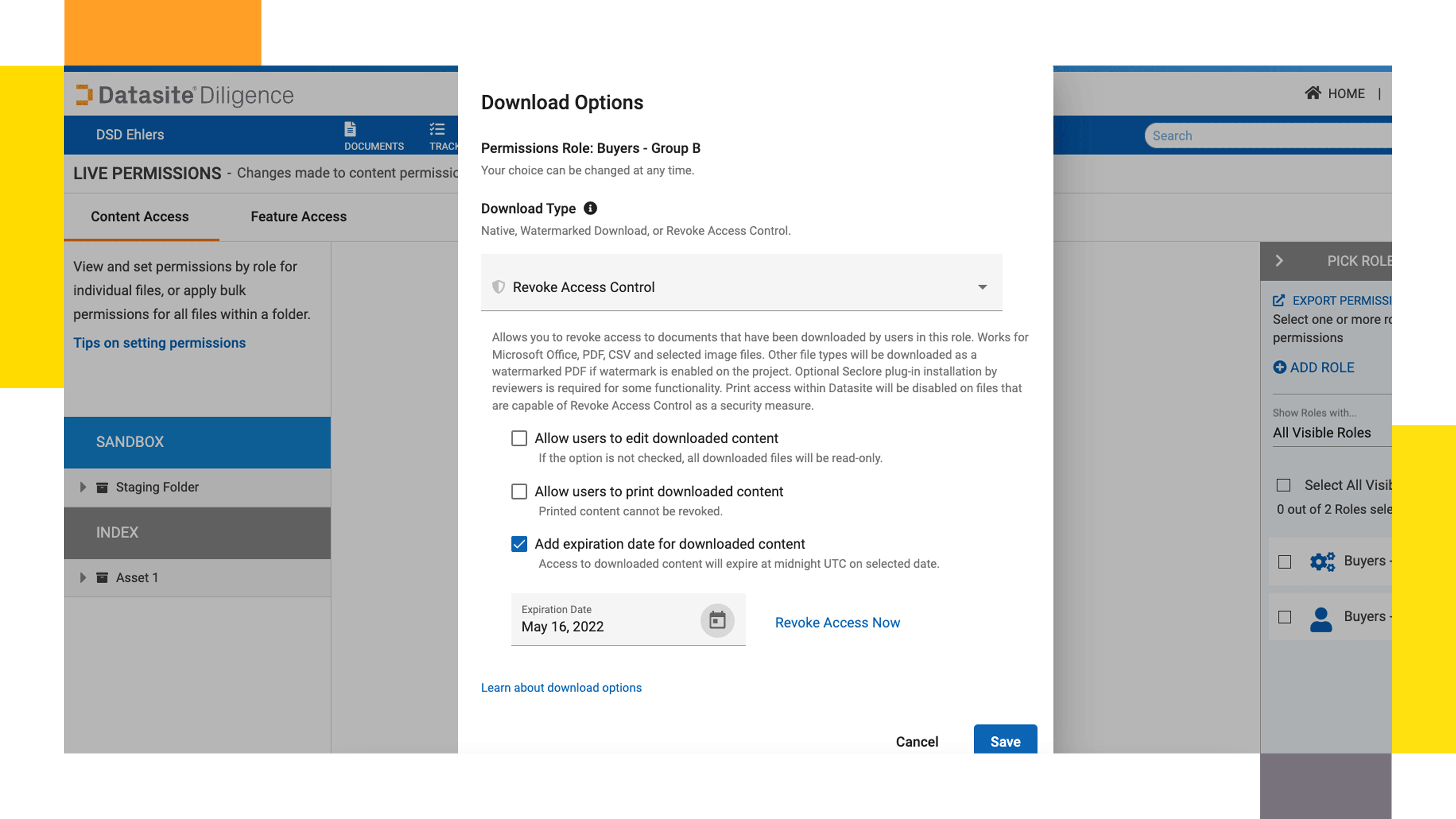 VDR provider Datasite Diligence™ live permissions download options