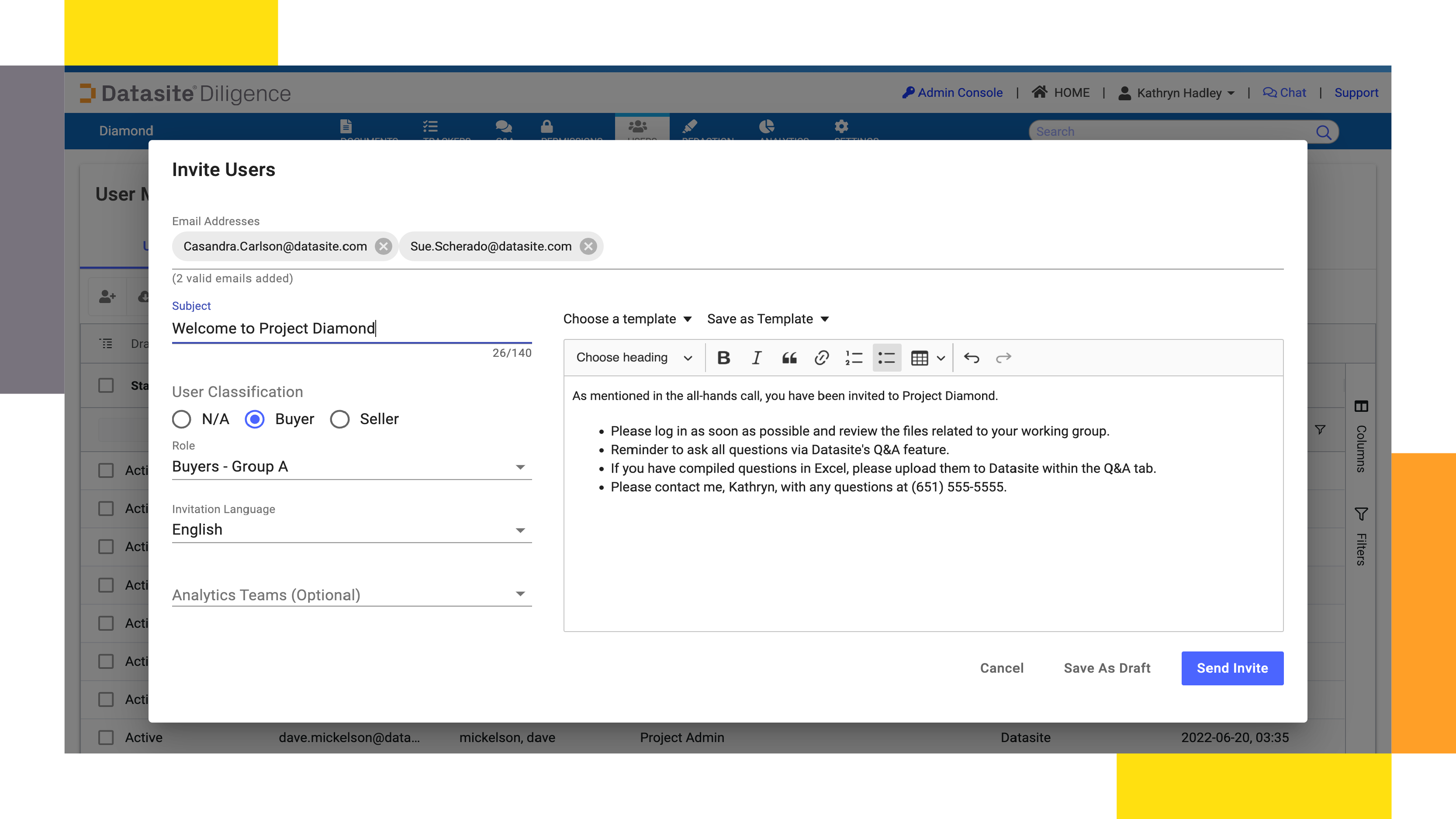 Secure data room provider Datasite Diligence™ invite users