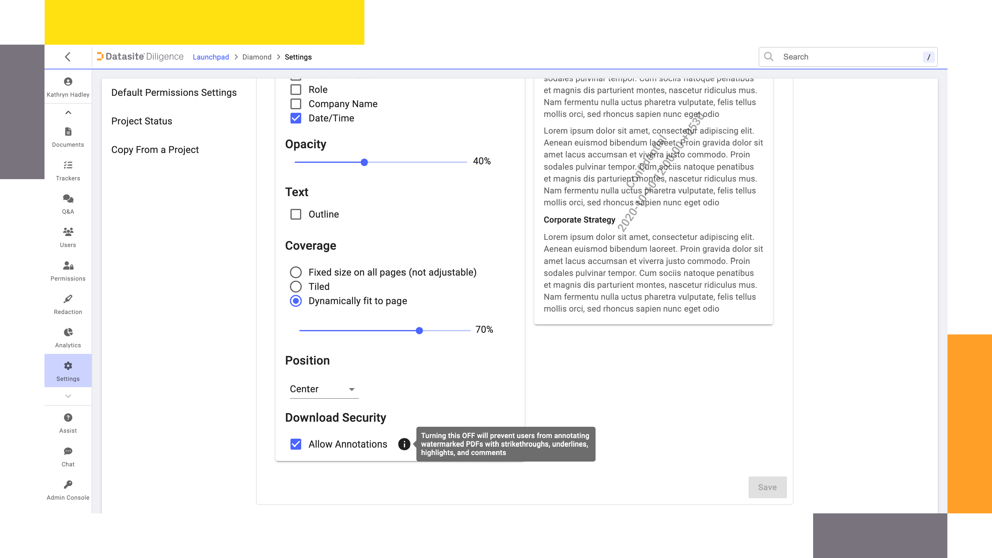 VDR provider Datasite Diligence™ default permissions settings