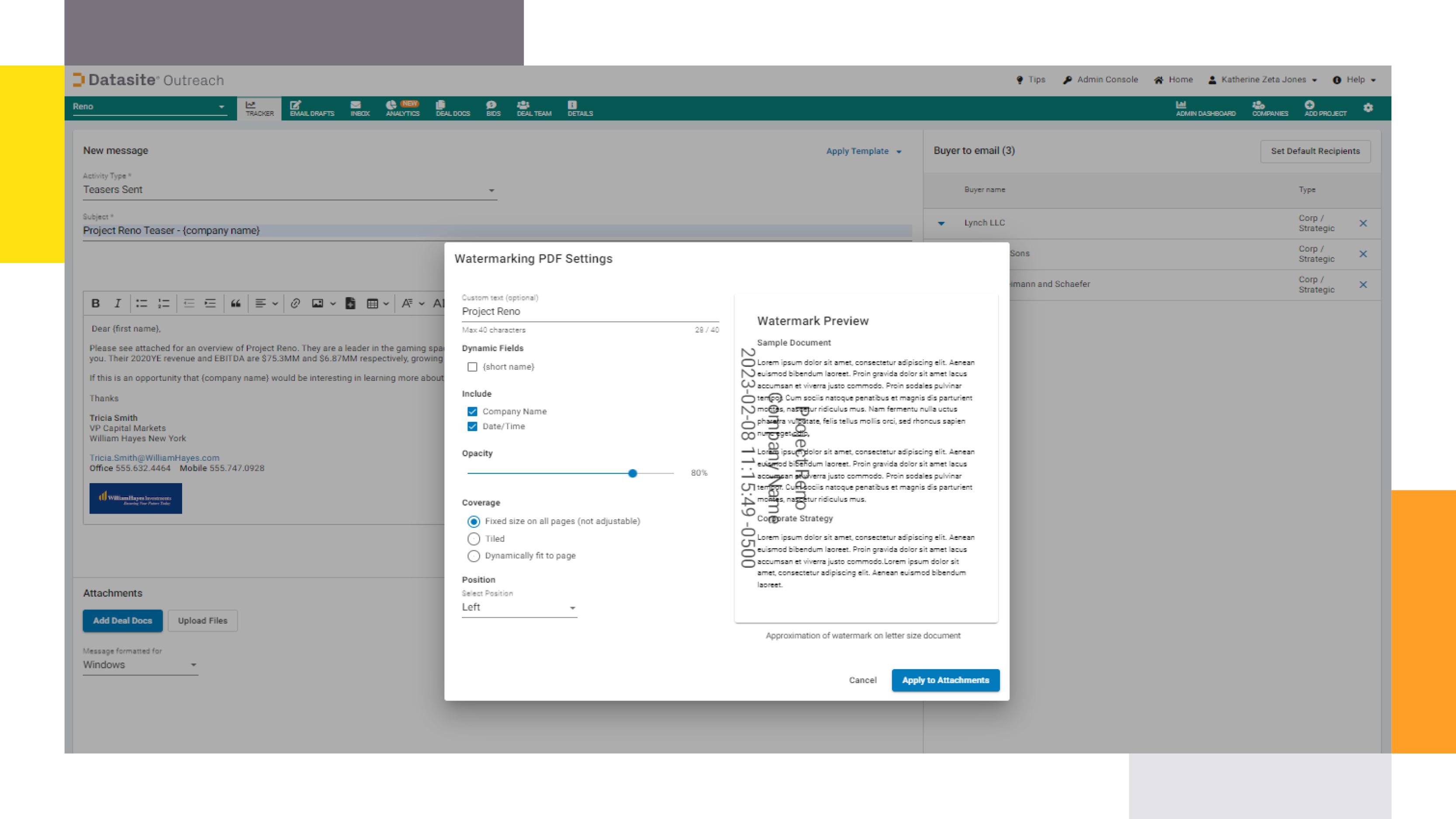 VDR provider Datasite Outreach™ watermarking PDF settings