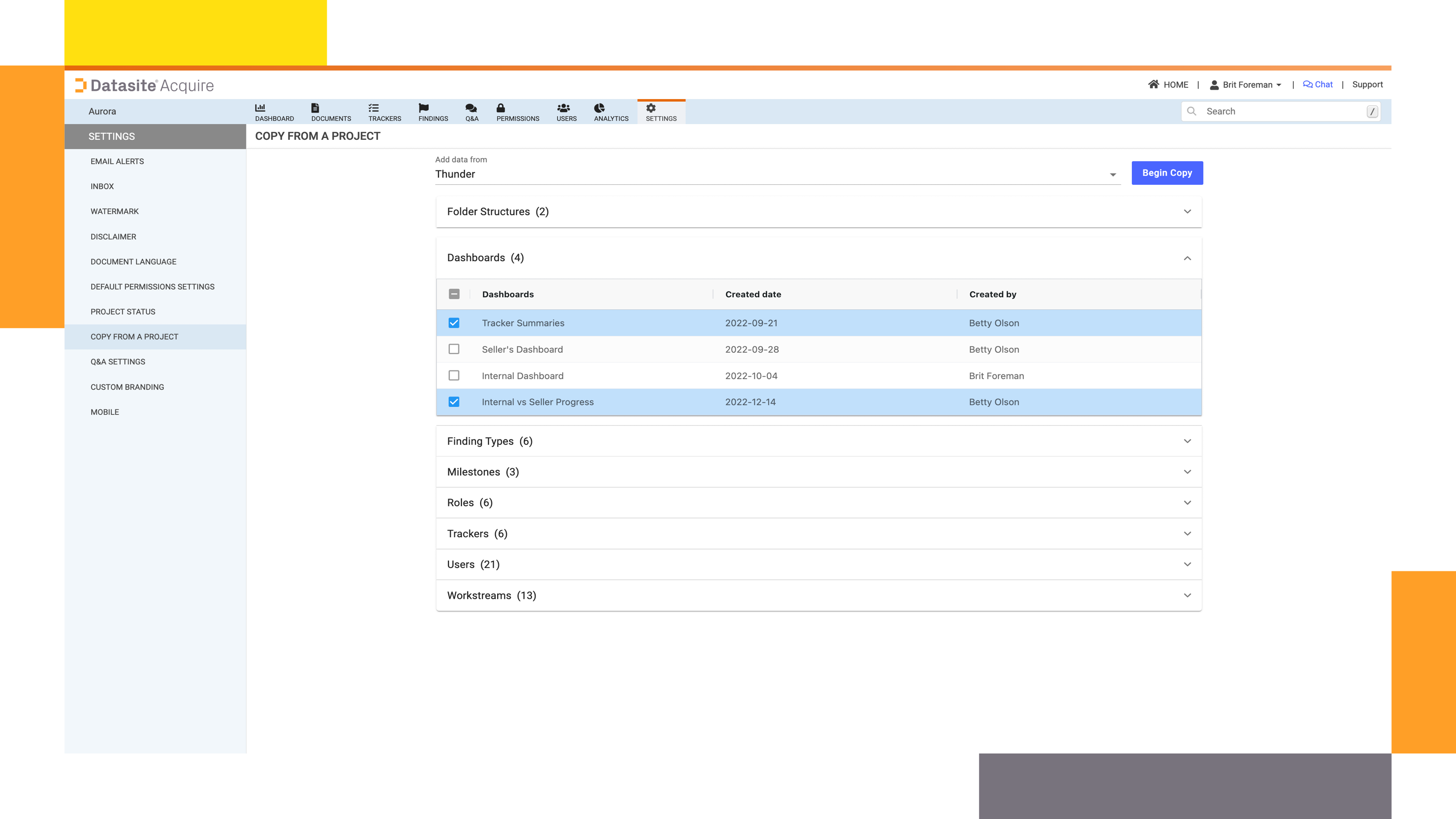 Secure data room provider Datasite Acquire™ folder structure settings