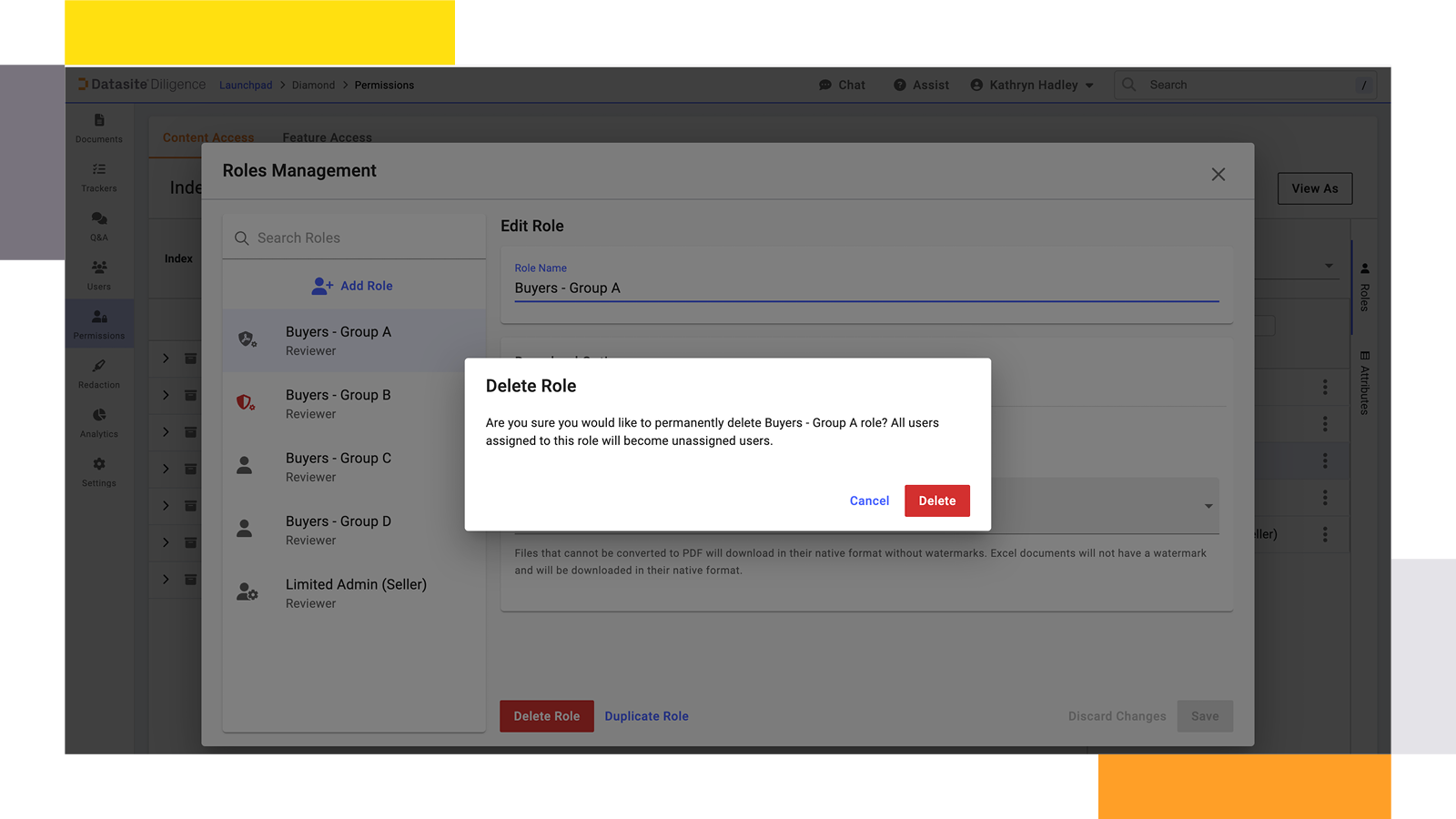 Secure data room provider Datasite delete role in roles management