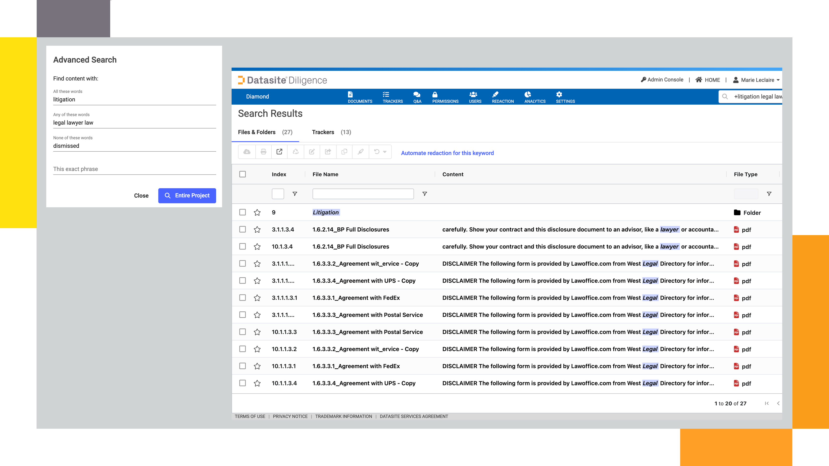 Virtual data rooms for M&A Datasite Diligence™ search results