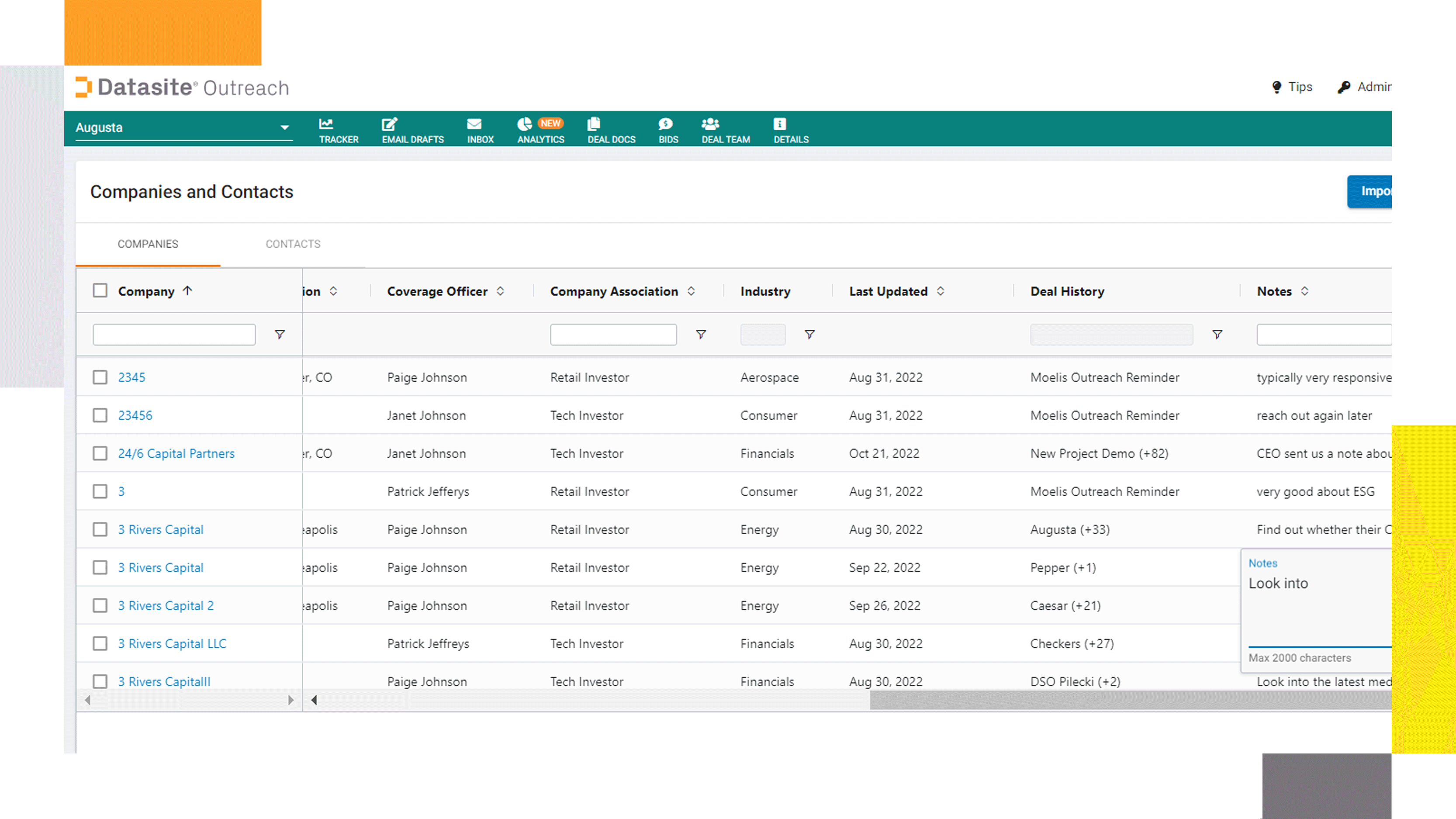 Virtual data rooms for M&A Datasite Outreach™ companies and contacts