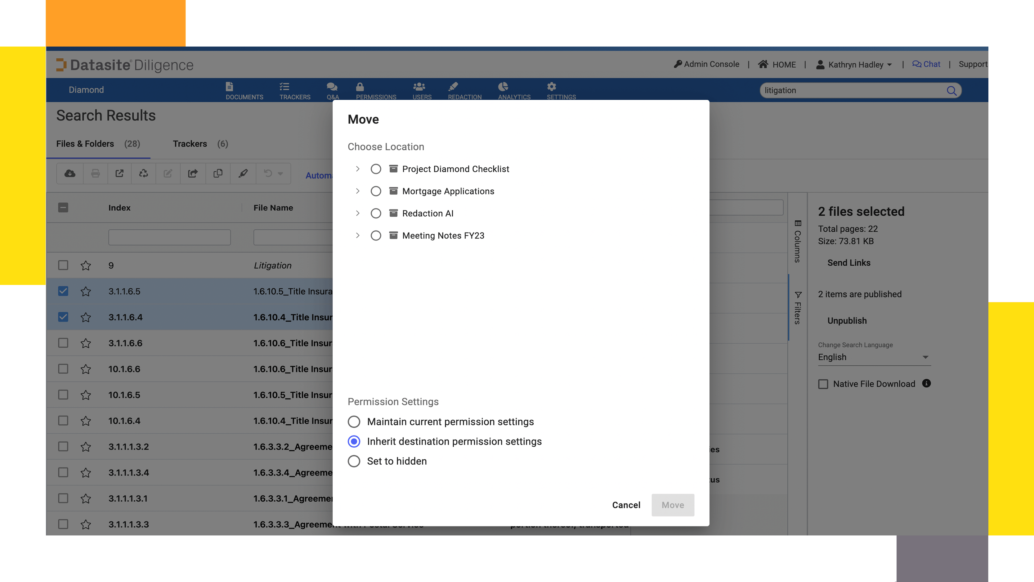 Virtual data rooms for M&A Datasite Diligence™ search results move