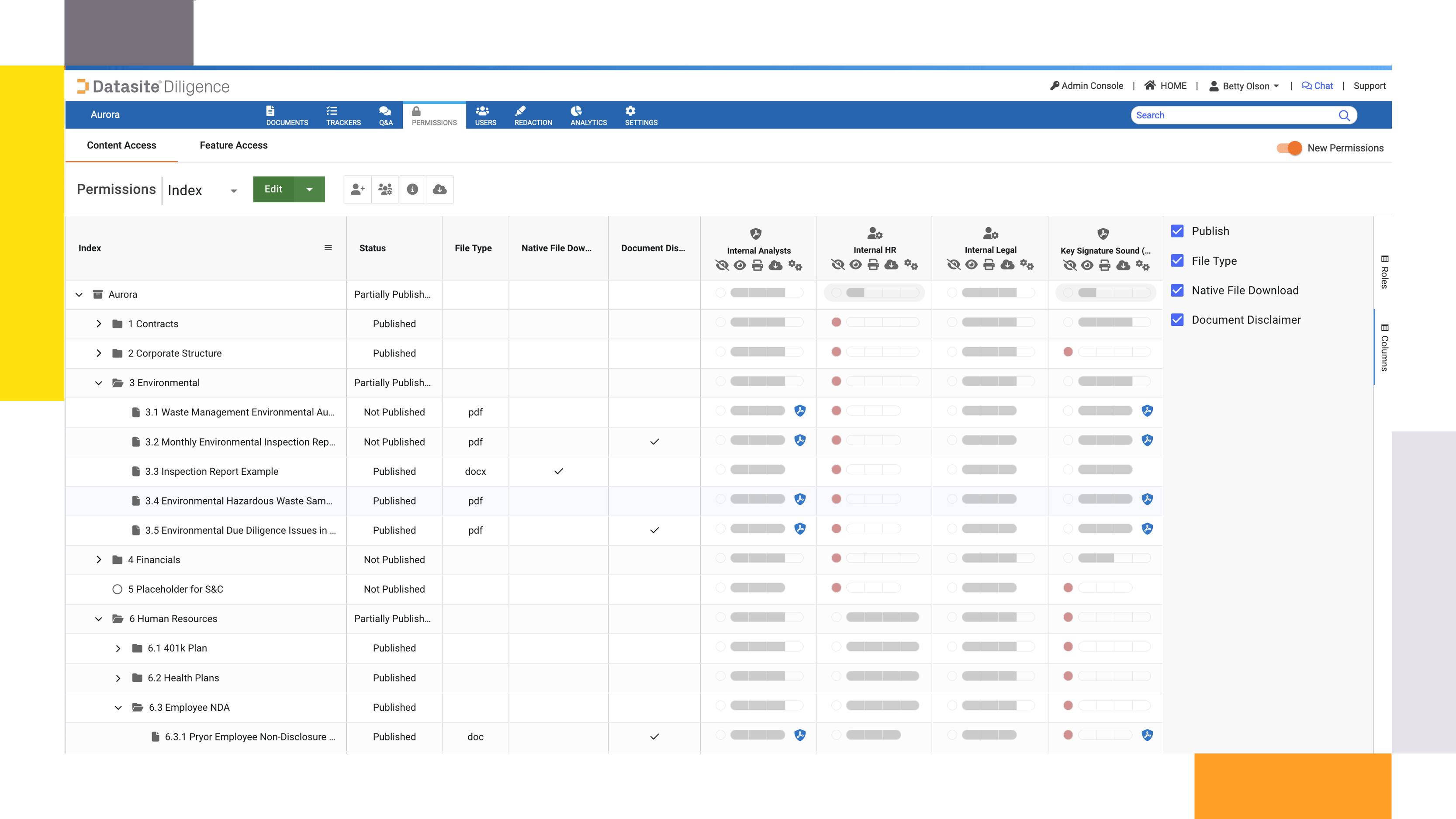 Virtual data rooms for M&A Datasite Diligence™ permissions index, content access