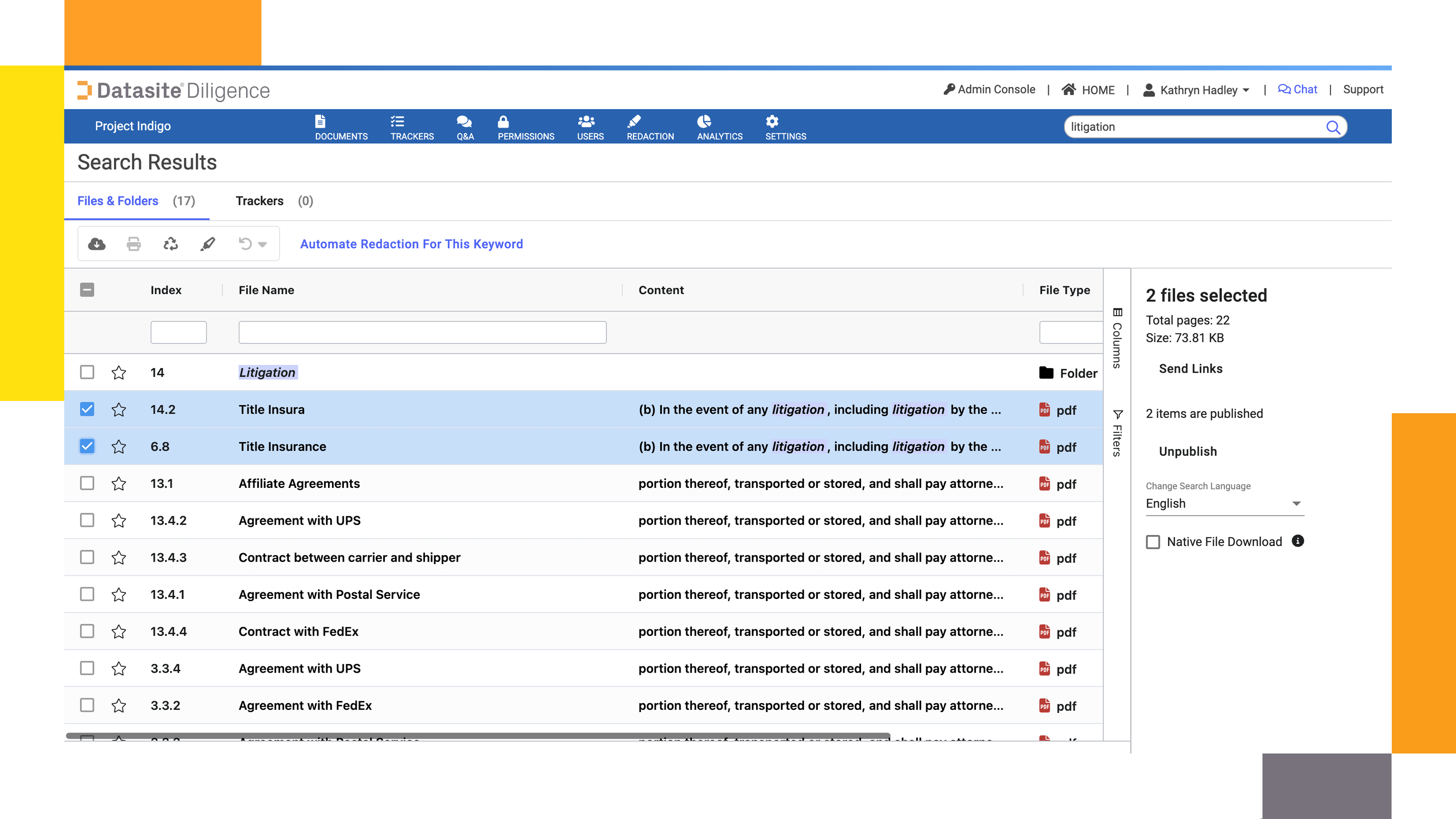 Virtual data rooms for M&A Datasite Diligence™ search results