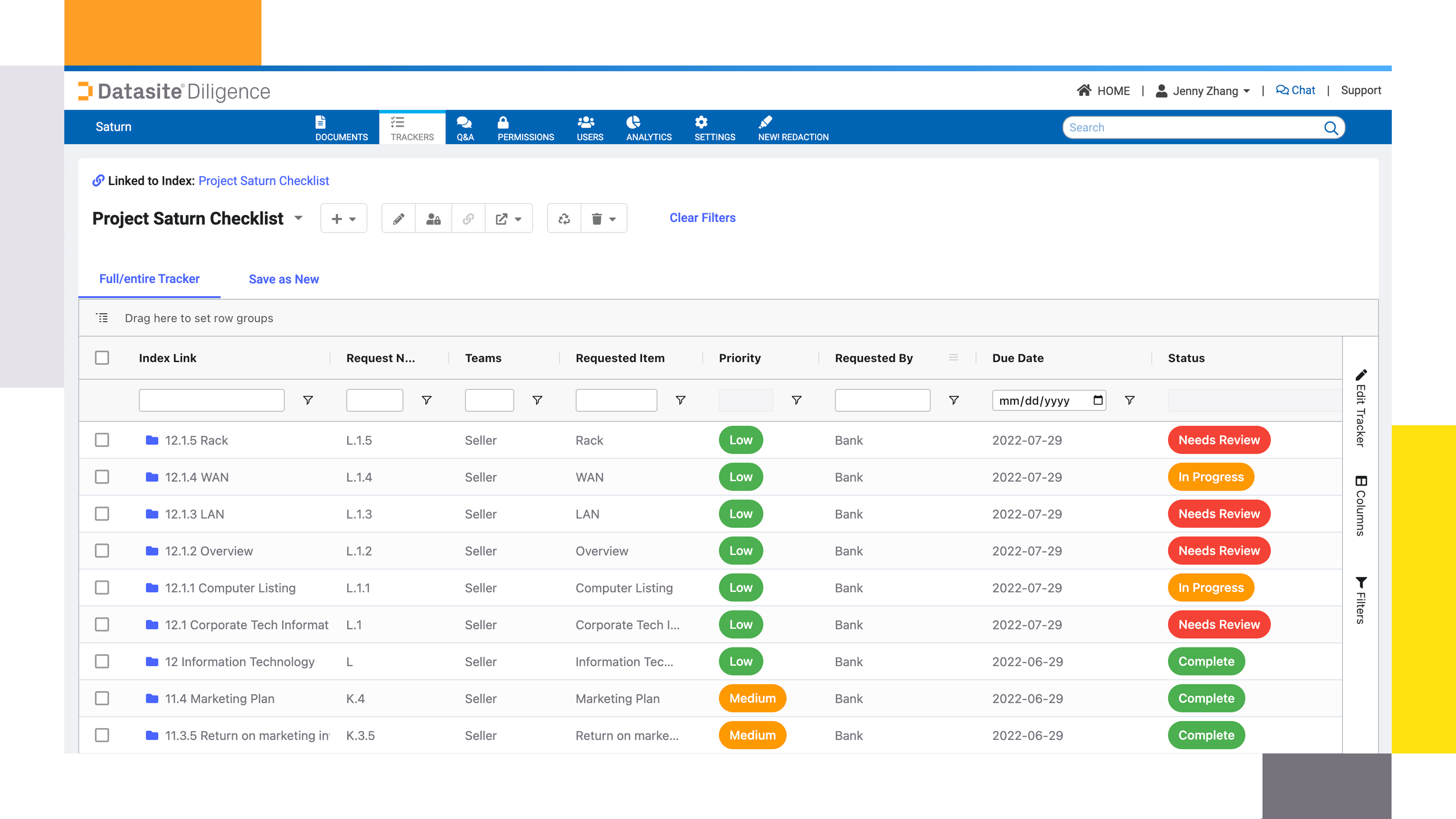 Virtual data rooms for M&A Datasite Diligence™ project Saturn checklist