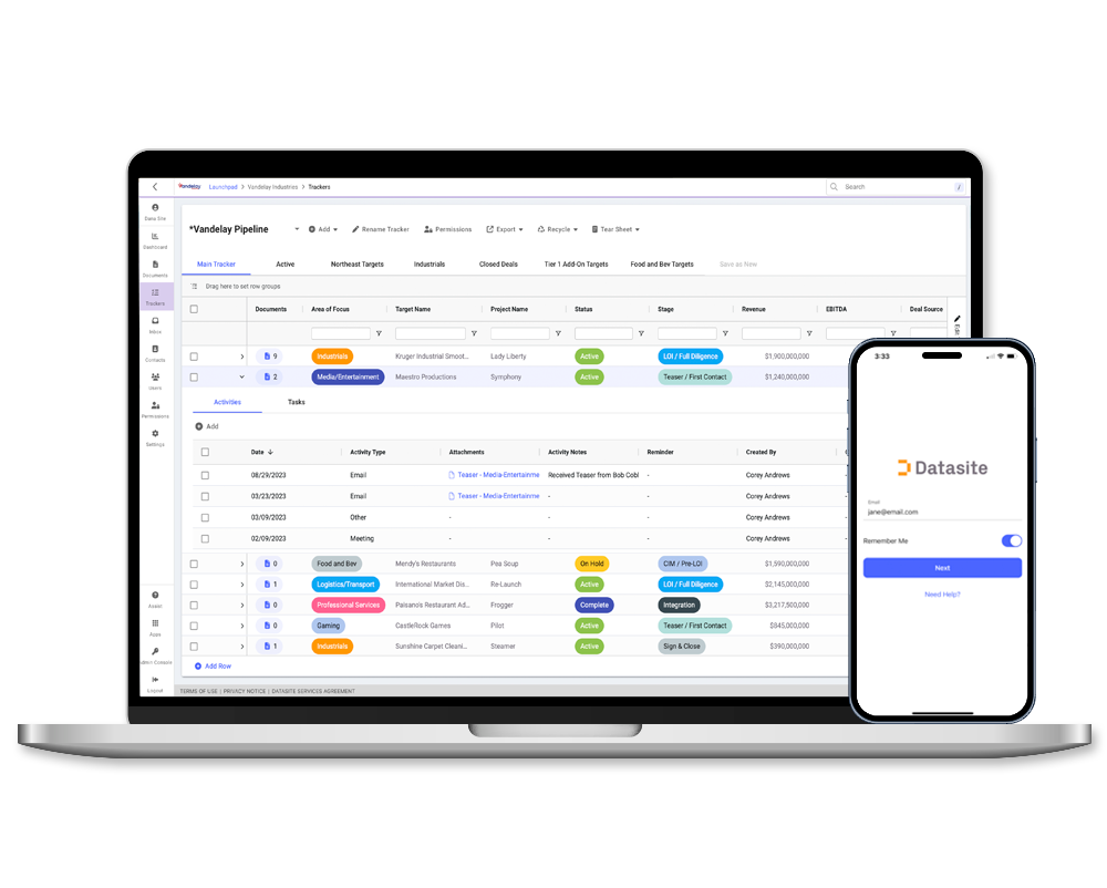 Example of a data room setup within Datasite Pipeline™ for dealmaking